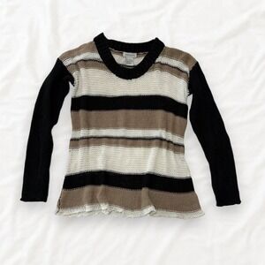 Jamison Black Cream Tan Striped Open Knit‎ Scalloped Hem Sweater